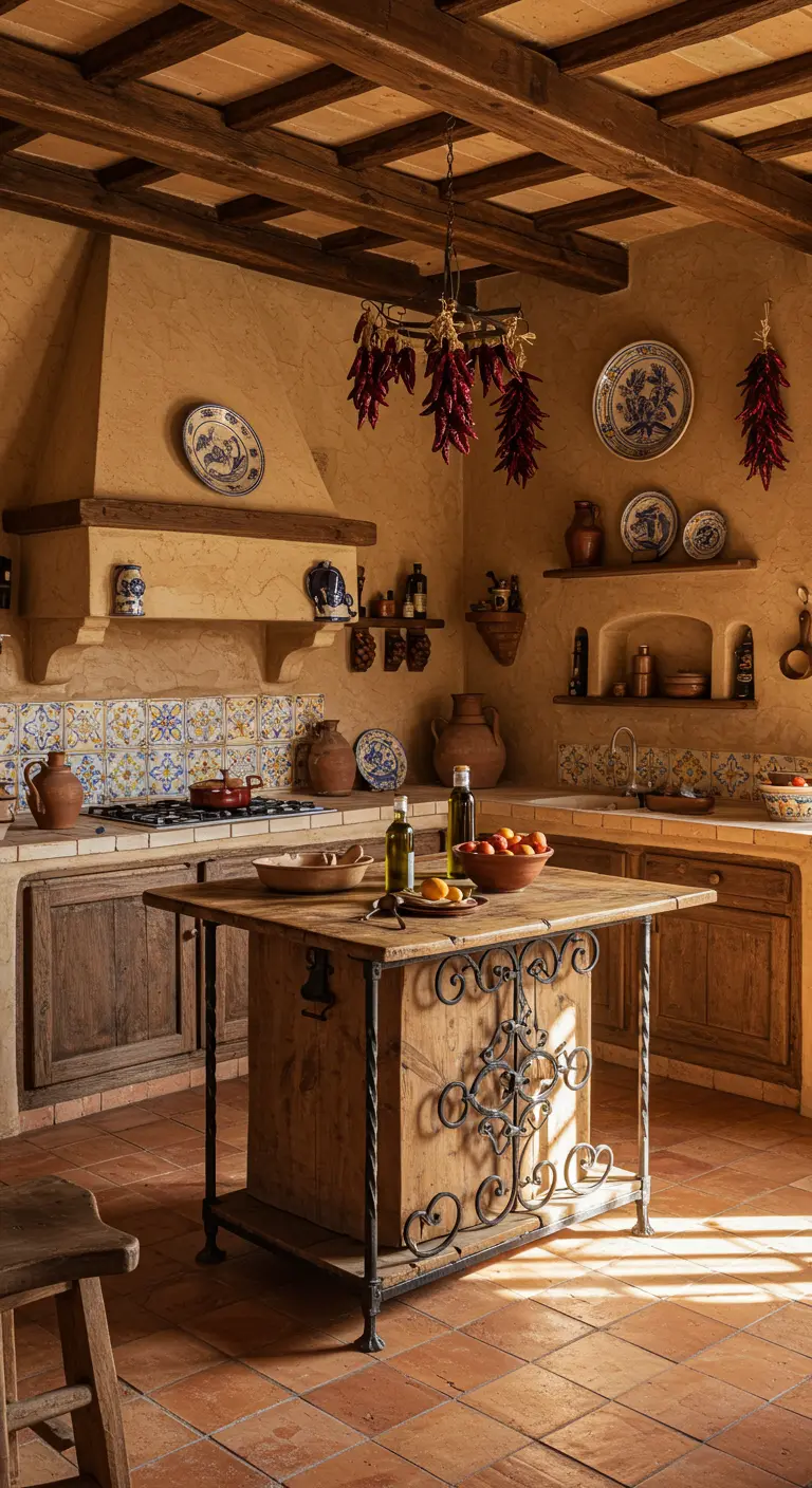 Mediterrane keuken met terracotta tegels, oranje muren, mozaïek backsplash en houten kookeiland met smeedijzer.