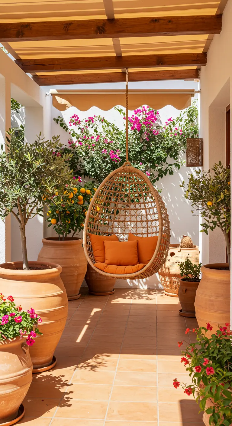 Rotan eivormige hangstoel met oranje kussens op mediterrane patio.