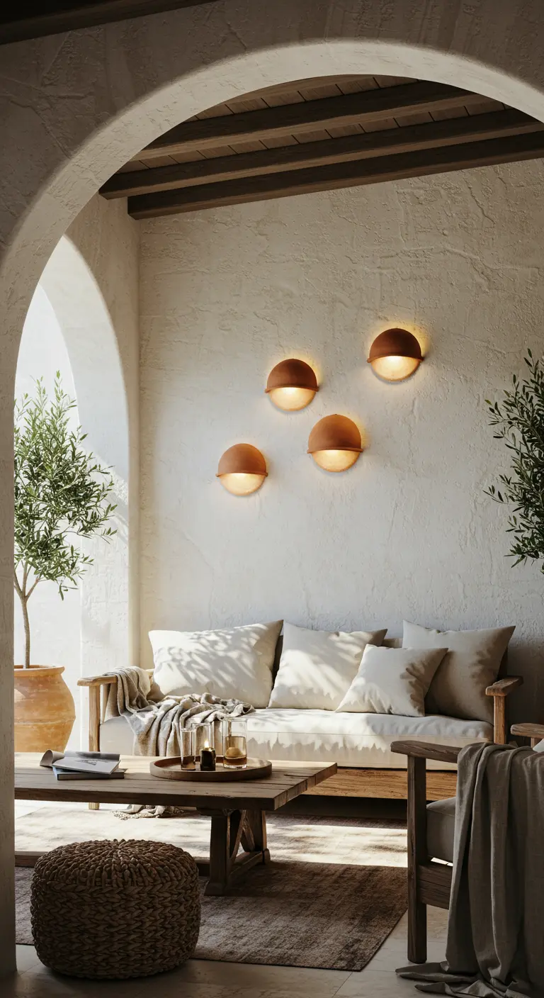 Mediterrane patio met witte gestuukte muur en vier halfronde terracotta wandlampen.