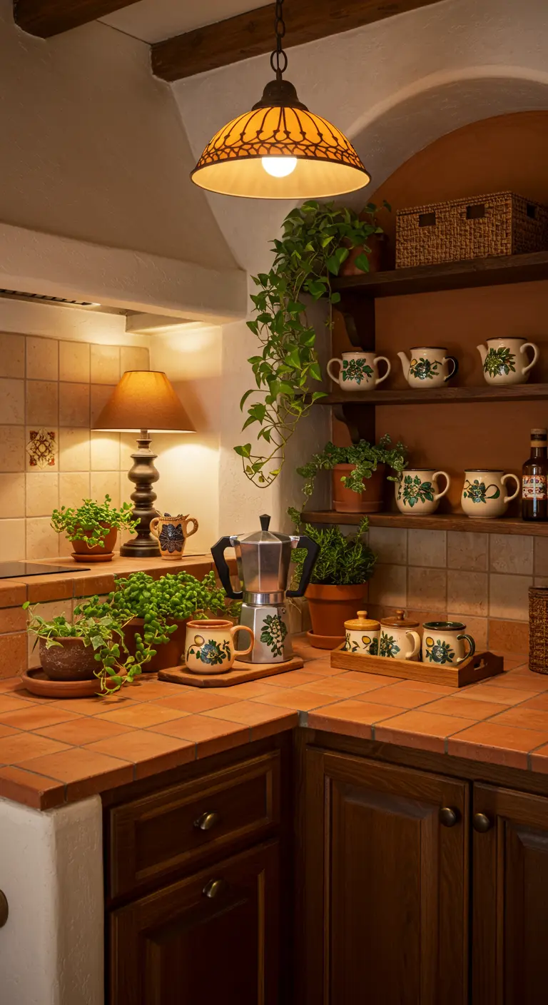 Mediterrane koffiecorner met terracotta tegels, houten kasten, planten en warme verlichting.