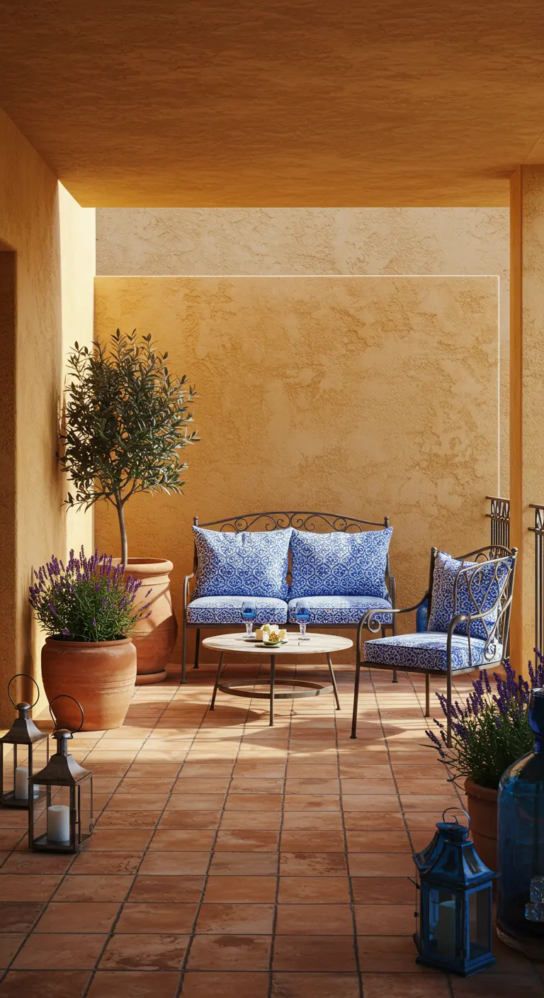 Balkon met terracotta muren, smeedijzeren meubels met blauwe kussens, olijfboom en lavendel.