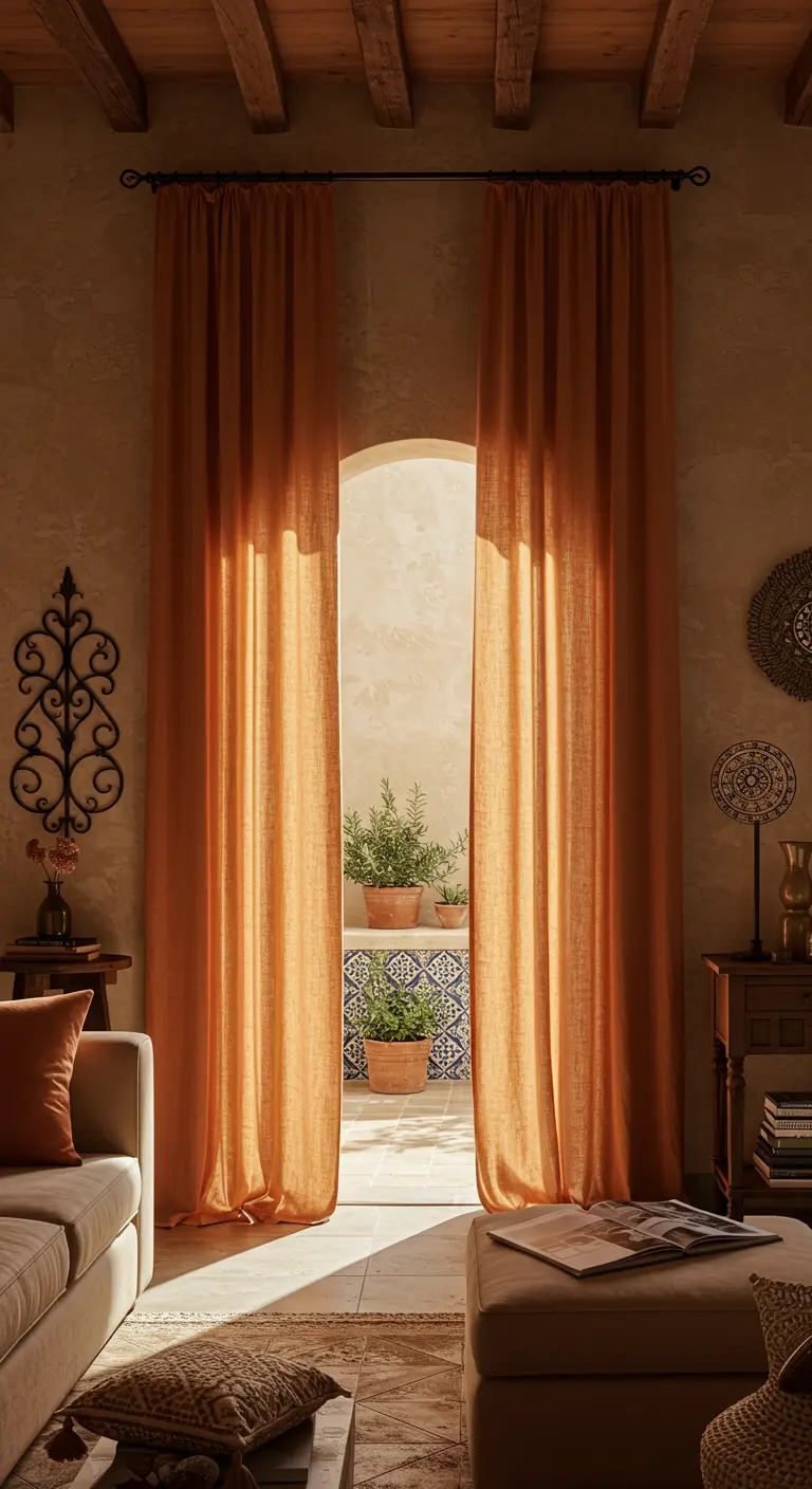 Terracotta linnen gordijnen in een warme, mediterrane setting met boogdoorgang.