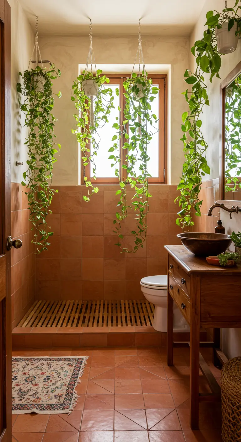 Badkamer met terracotta tegels en meerdere hangende Pothos planten voor het raam