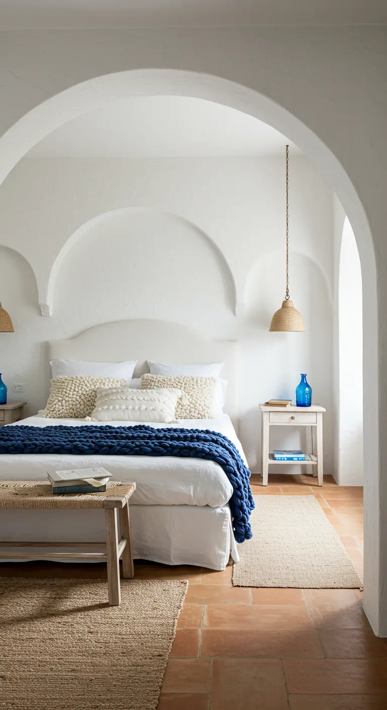 Witte mediterrane slaapkamer met bogen en een blauw gebreid plaid.