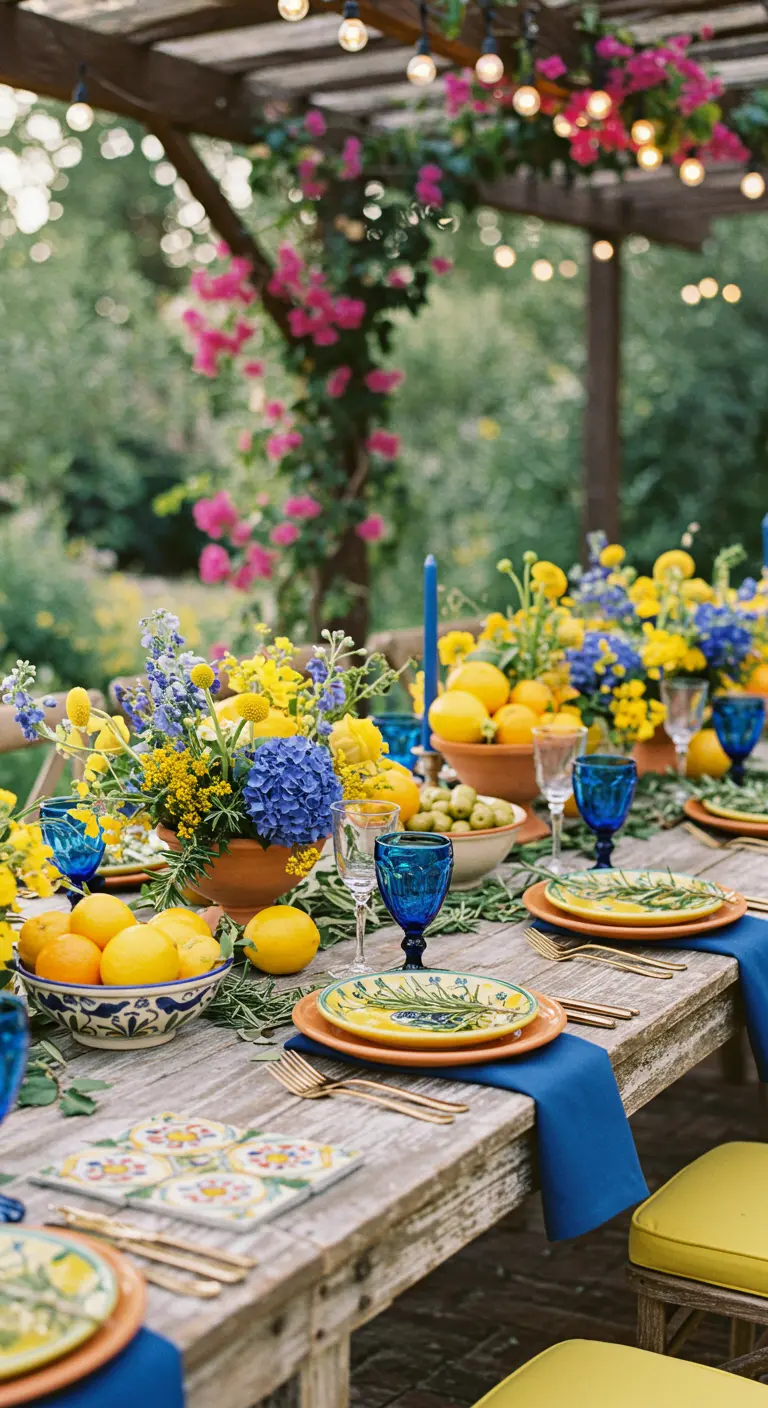 Mediterrane tafelsetting met citroenen, blauw glaswerk en gele accenten.