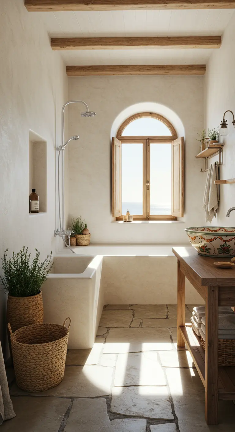 Lichte badkamer in mediterrane stijl met ingebouwd bad en boograam.