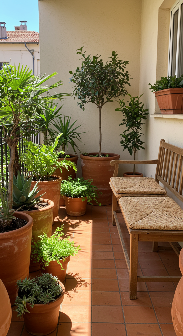 Zonnig balkon met terracotta potten, diverse groene planten, en een houten bankje.