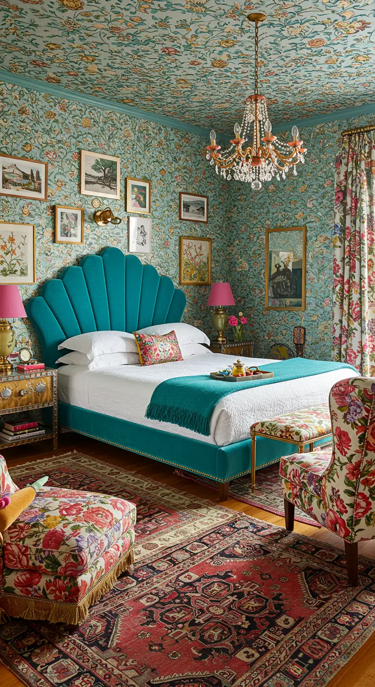 Maximalistische slaapkamer met turquoise bed, bloemenbehang overal en kleurrijke Perzische tapijten.