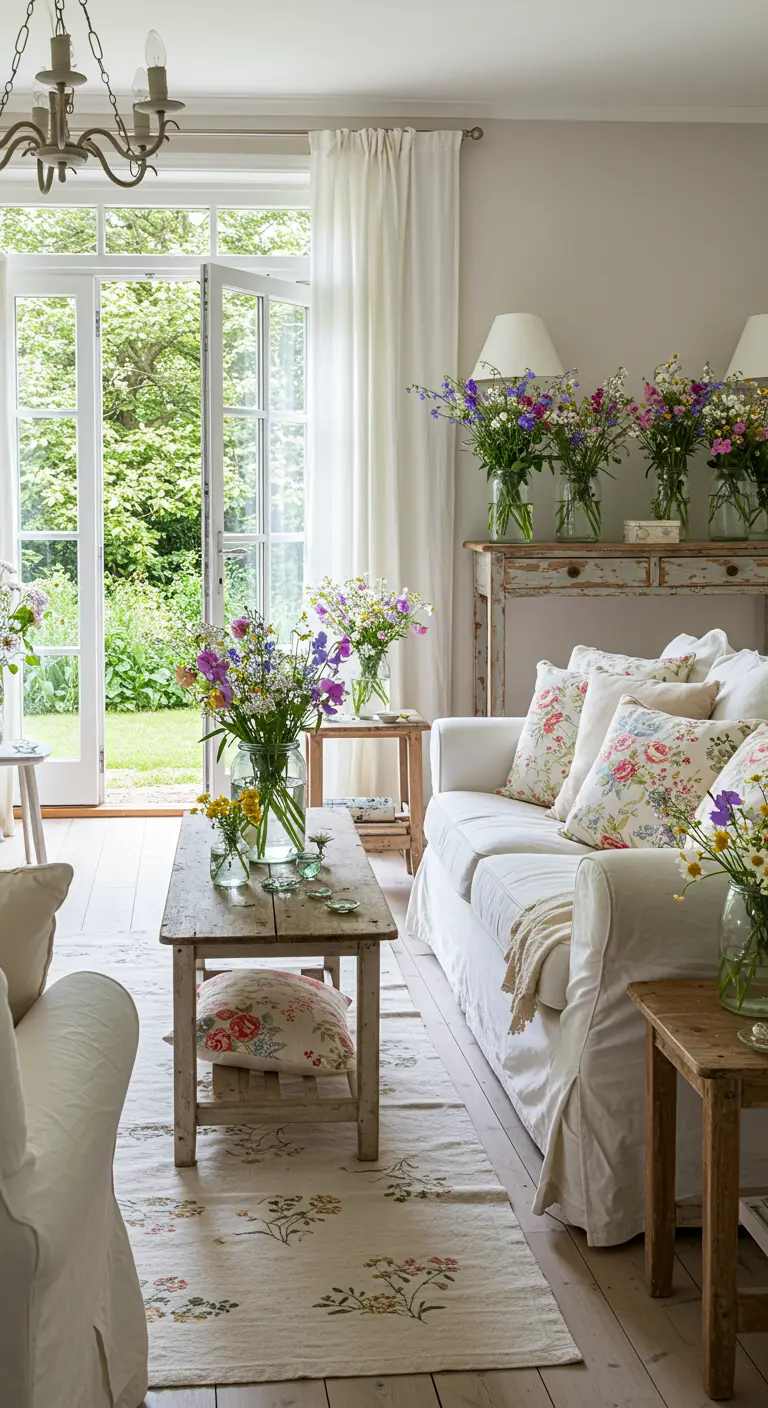 Woonkamer met witte bank, houten tafel en veel kleine boeketten bloemen.