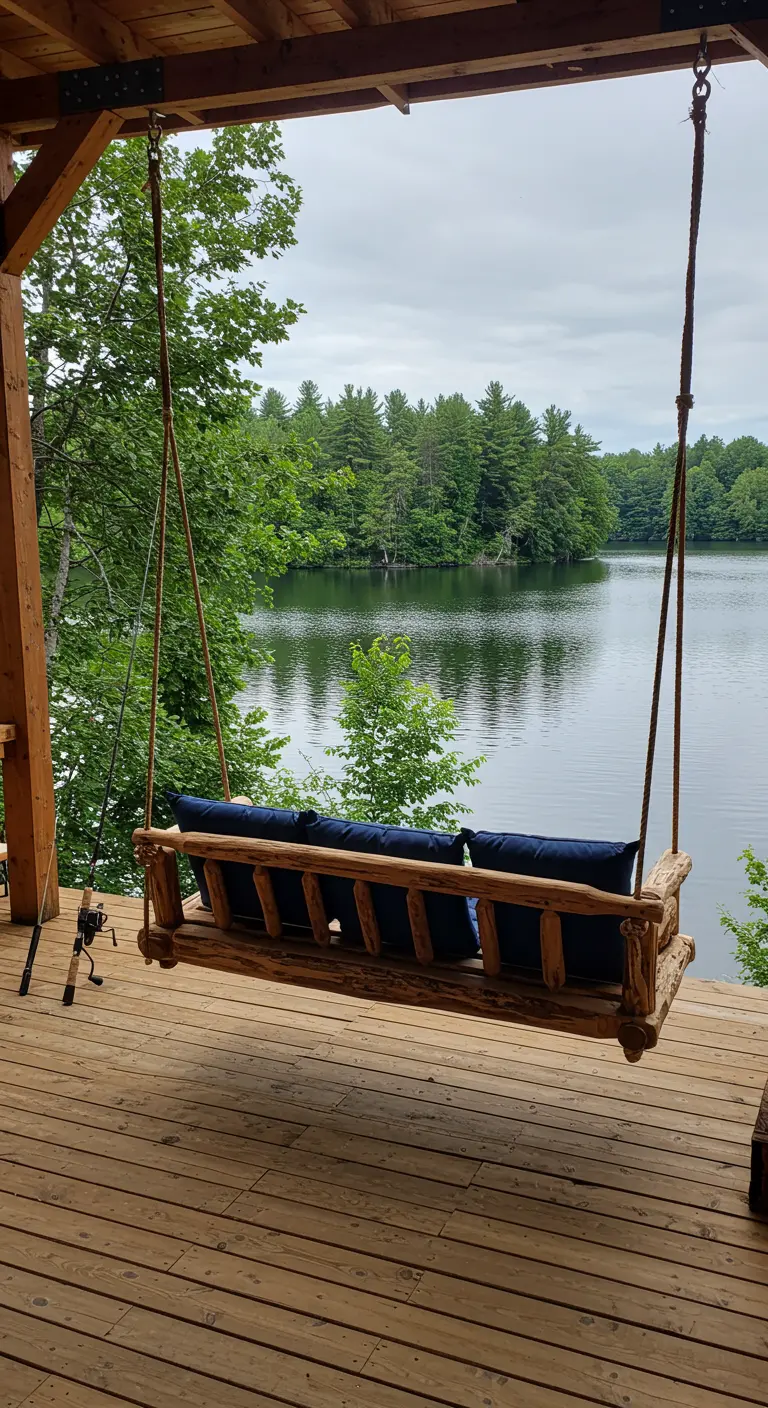 Rustieke houten schommelbank op een houten veranda met uitzicht op een meer en bos.