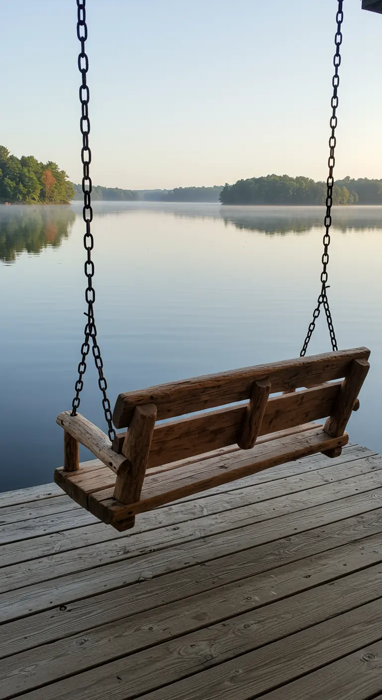 Rustieke houten schommelbank op houten pier met uitzicht op kalm meer bij zonsopgang.