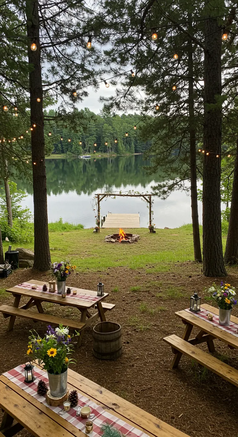Bruiloft aan een meer met picknicktafels, lichtsnoeren, bloemen en een vuurplaats.