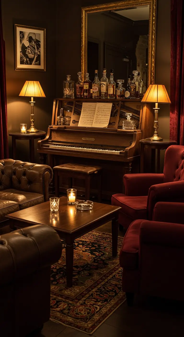 Oude piano in een schemerige lounge met drankflessen, lampen en fluwelen fauteuils.