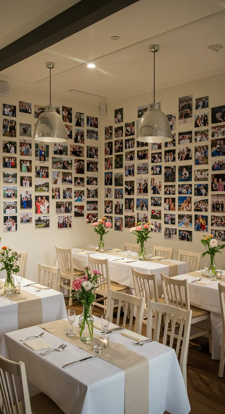 Restaurantmuren volledig bedekt met foto's, met eenvoudig gedekte tafels ervoor.