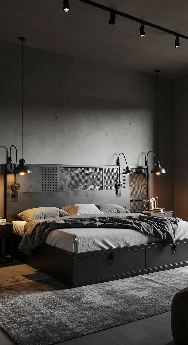 Industrieel bedframe van donker metaal met een geperforeerd metalen hoofdbord.