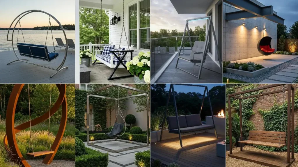 Collectie unieke schommelconstructies met metalen frame en een moderne uitstraling.