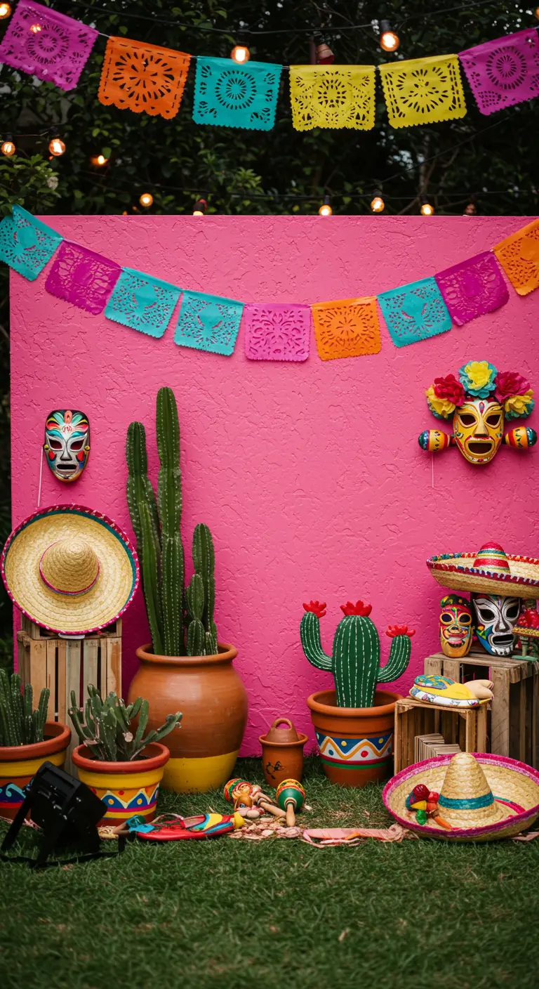 Mexicaanse fiesta photobooth met roze muur, papel picado, cactussen en traditionele props.