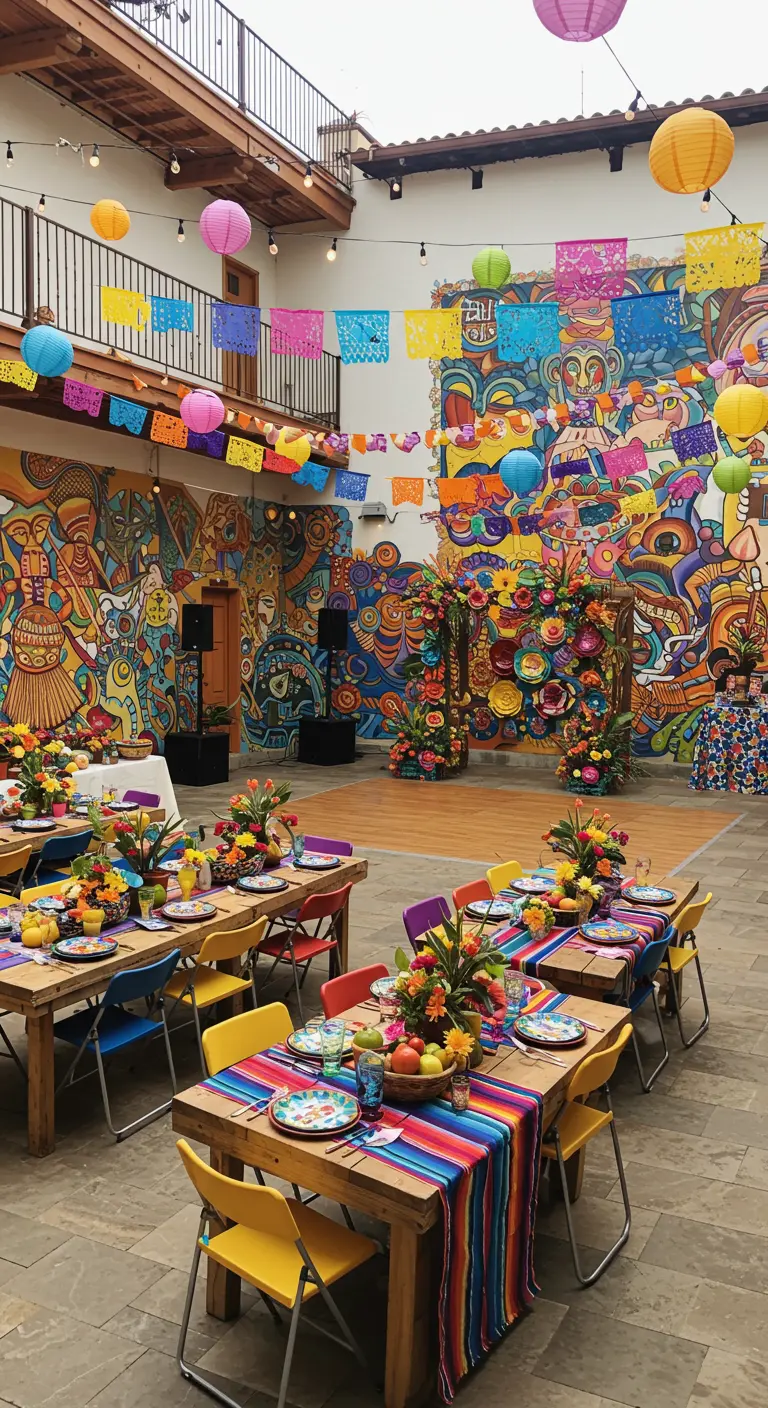 Kleurrijke Mexicaanse bruiloft met papel picado, lampionnen en heldere tafeldecoraties.