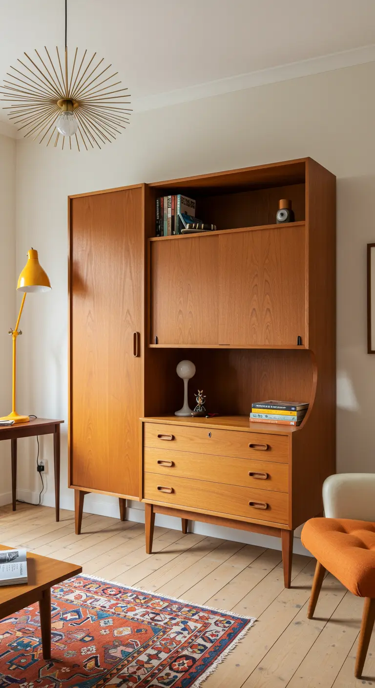 Mid-century modern houten dressoir/kast in een slaapkamer met vintage elementen.