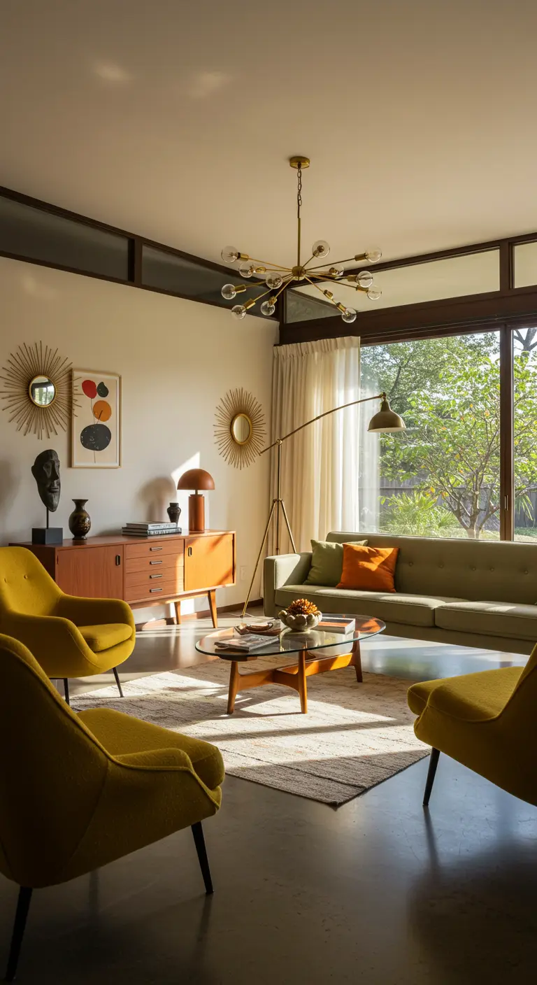 Mid-century modern woonkamer met gele fauteuils, houten dressoir en sputnik lamp.