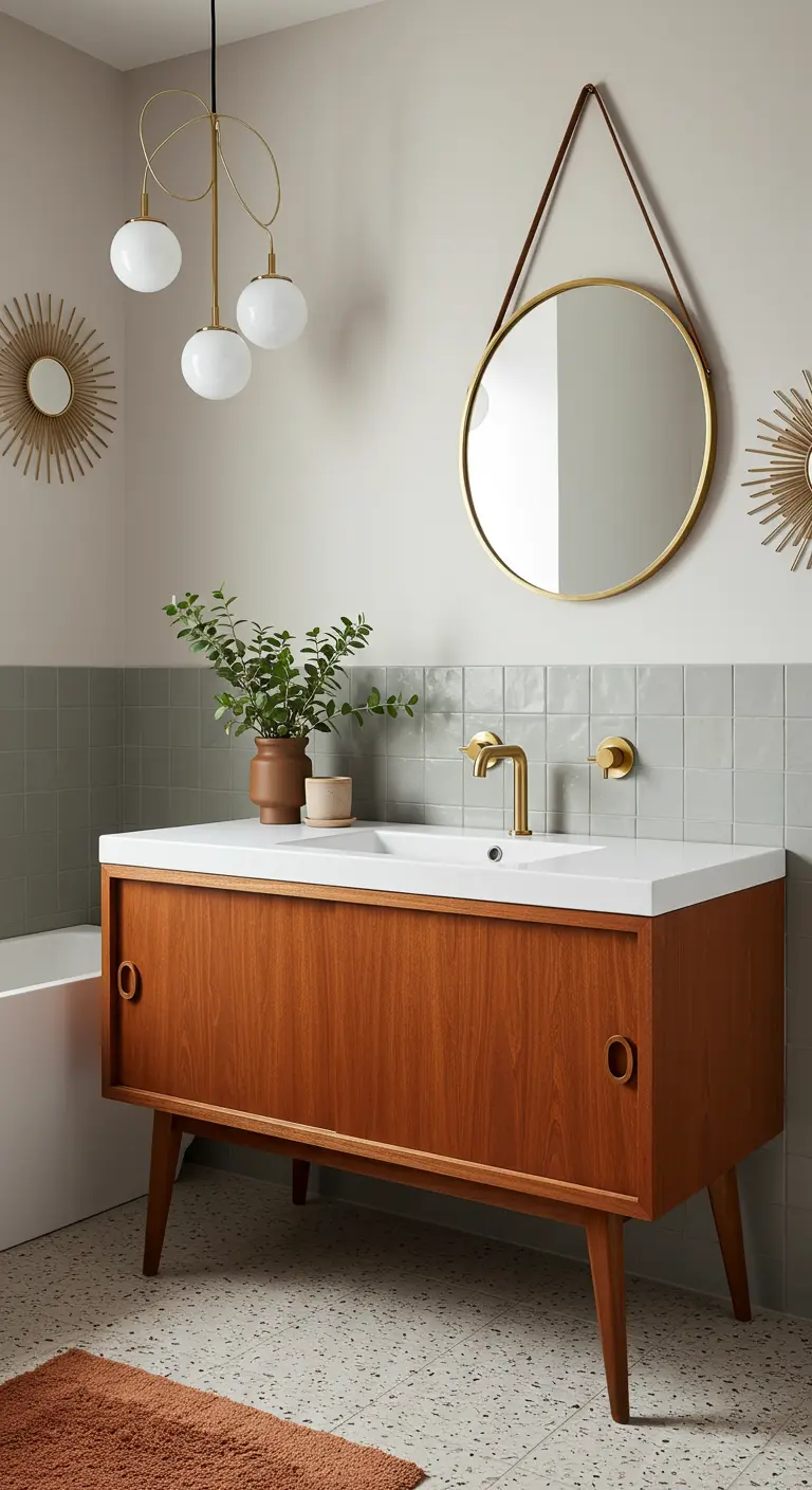 Mid-century modern houten dressoir als wastafelmeubel met ronde spiegel.