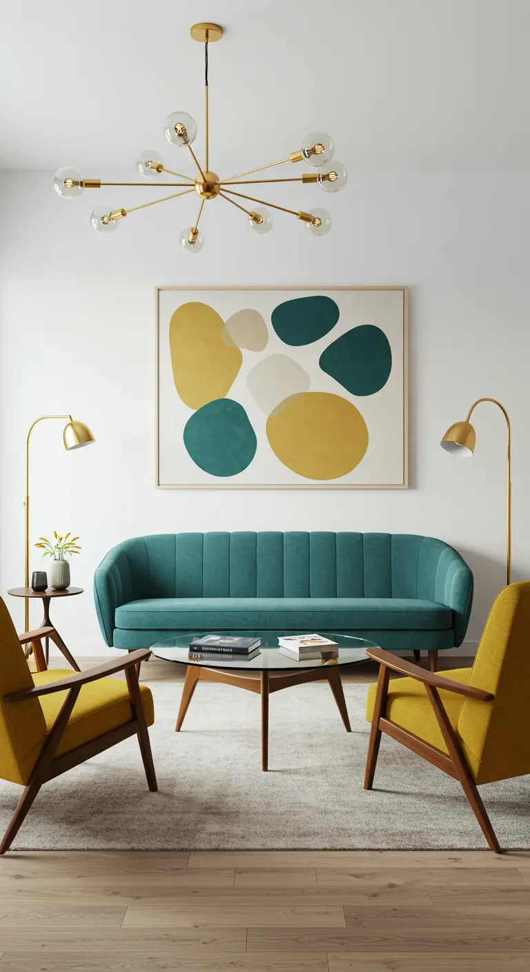Mid-century moderne woonkamer met teal fluwelen bank, gele stoelen en abstract kunstwerk.