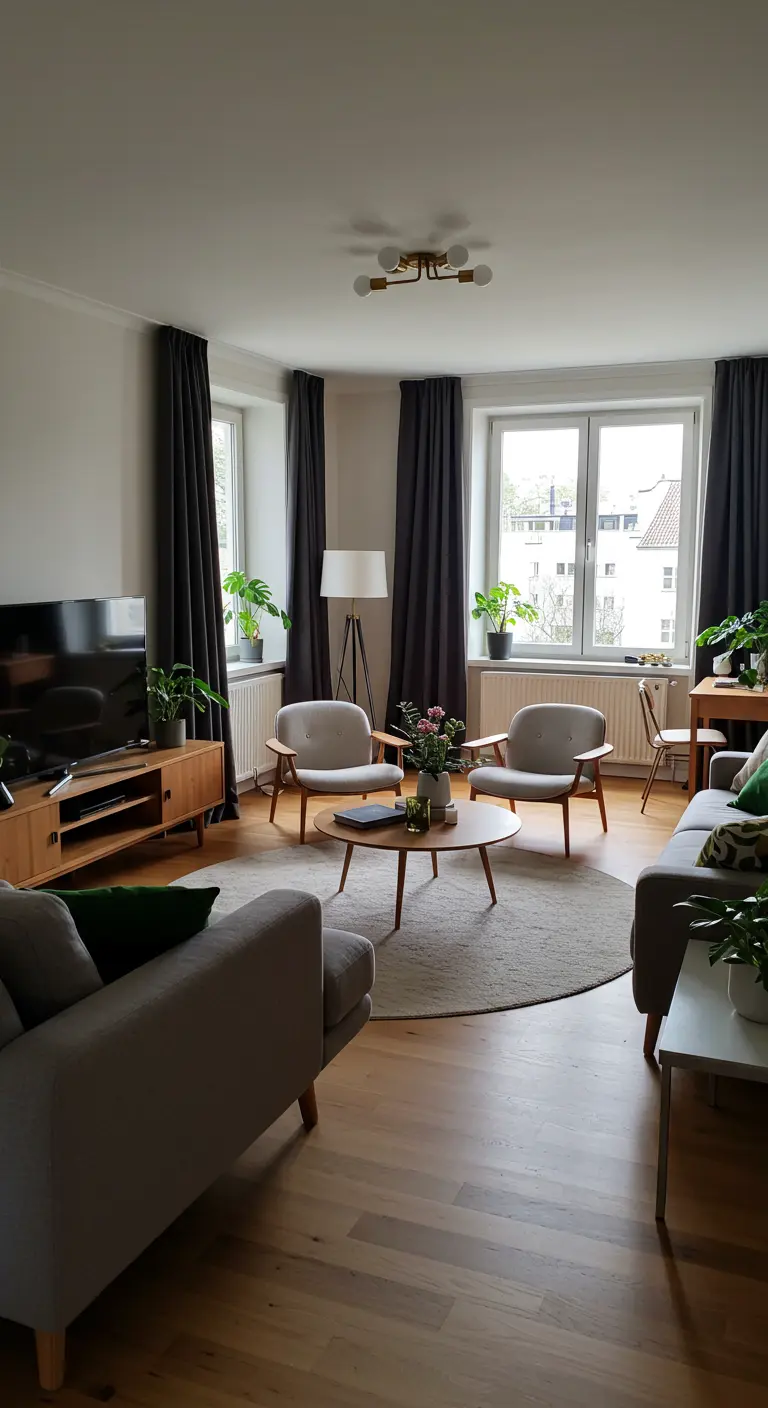 Woonkamer met mid-century fauteuils en rond vloerkleed.