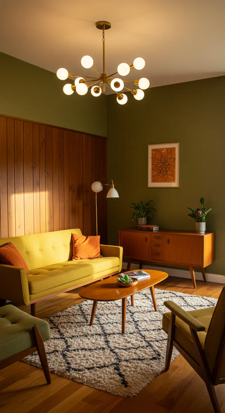 Mid-century woonkamer met olijfgroene muur, gele bank en een gouden sputnik-stijl kroonluchter.