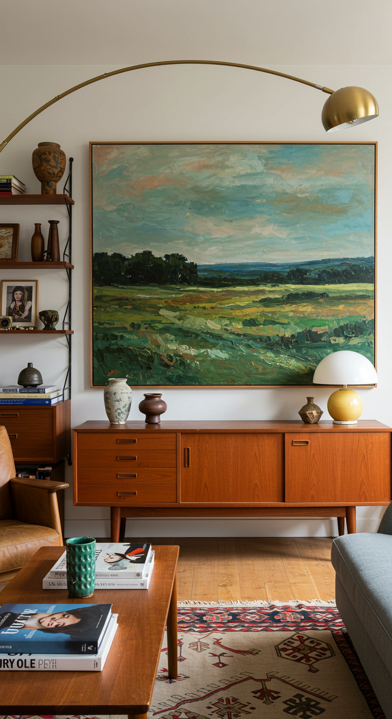 Mid-century modern woonkamer met een groot landschapsschilderij boven een houten dressoir.