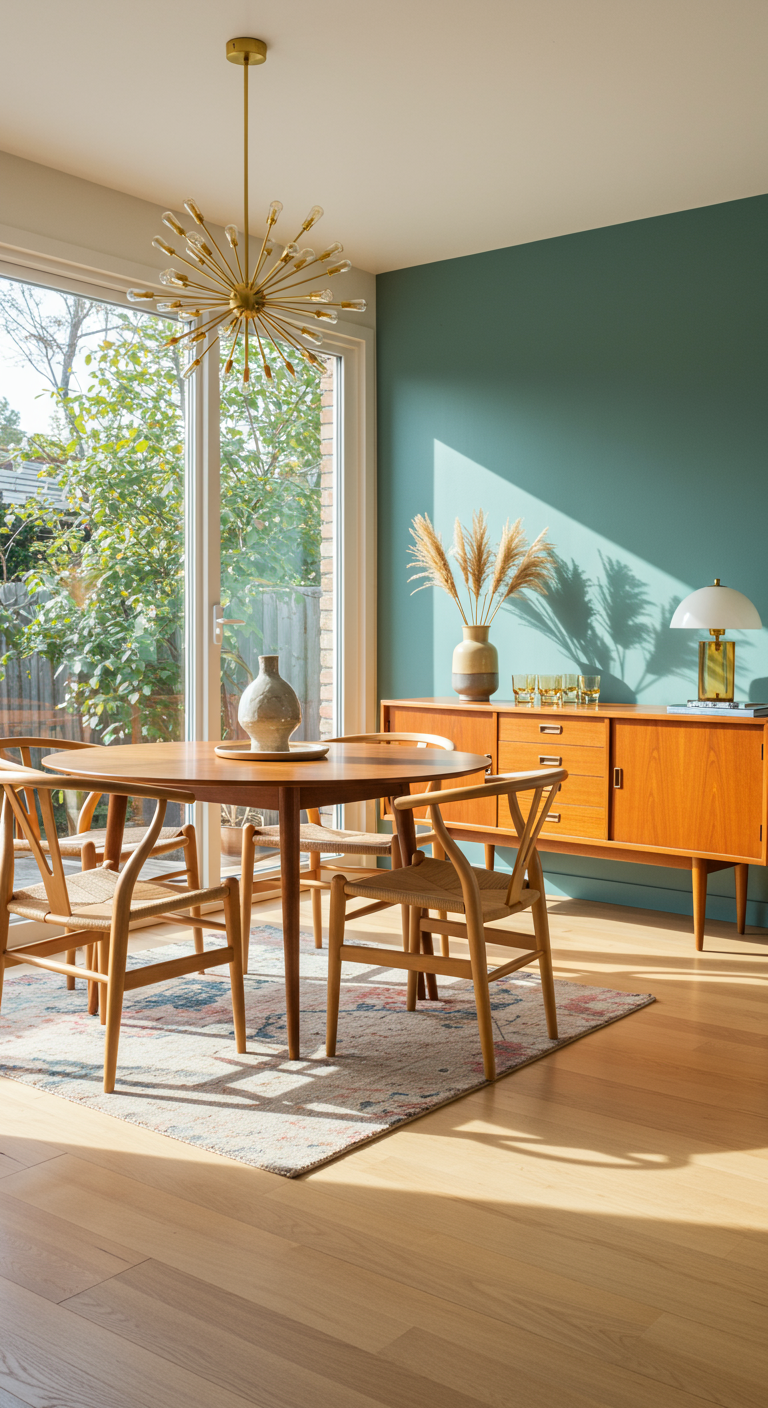 Ronde houten mid-century eettafel met wishbone stoelen en blauwgroene muur.