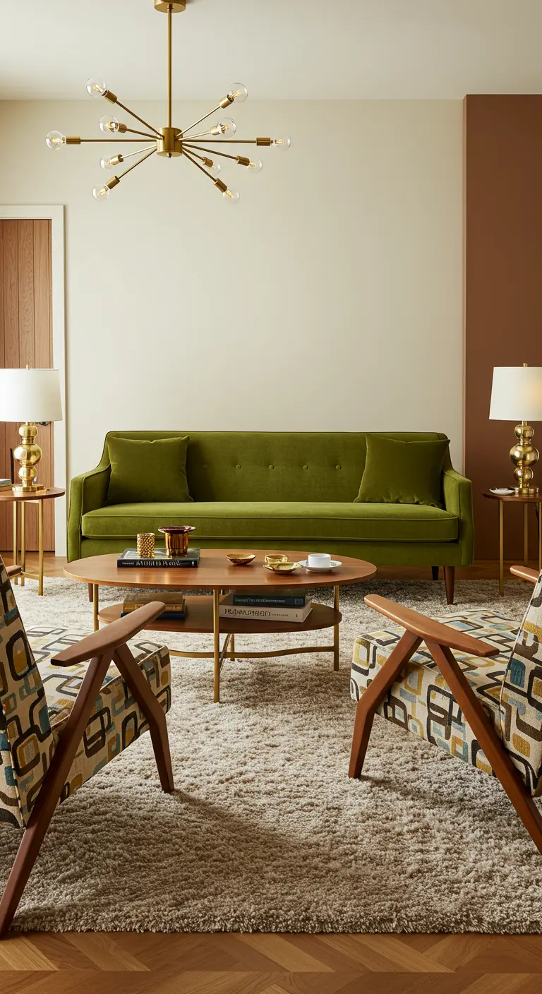 Moderne woonkamer met olijfgroene bank, mid-century fauteuils en Art Deco messing lamp.