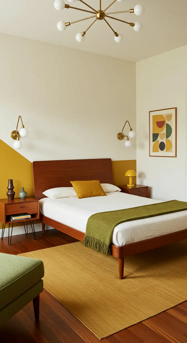 Mid-century moderne slaapkamer met houten hoofdbord en een geel kleurvlak op de muur.