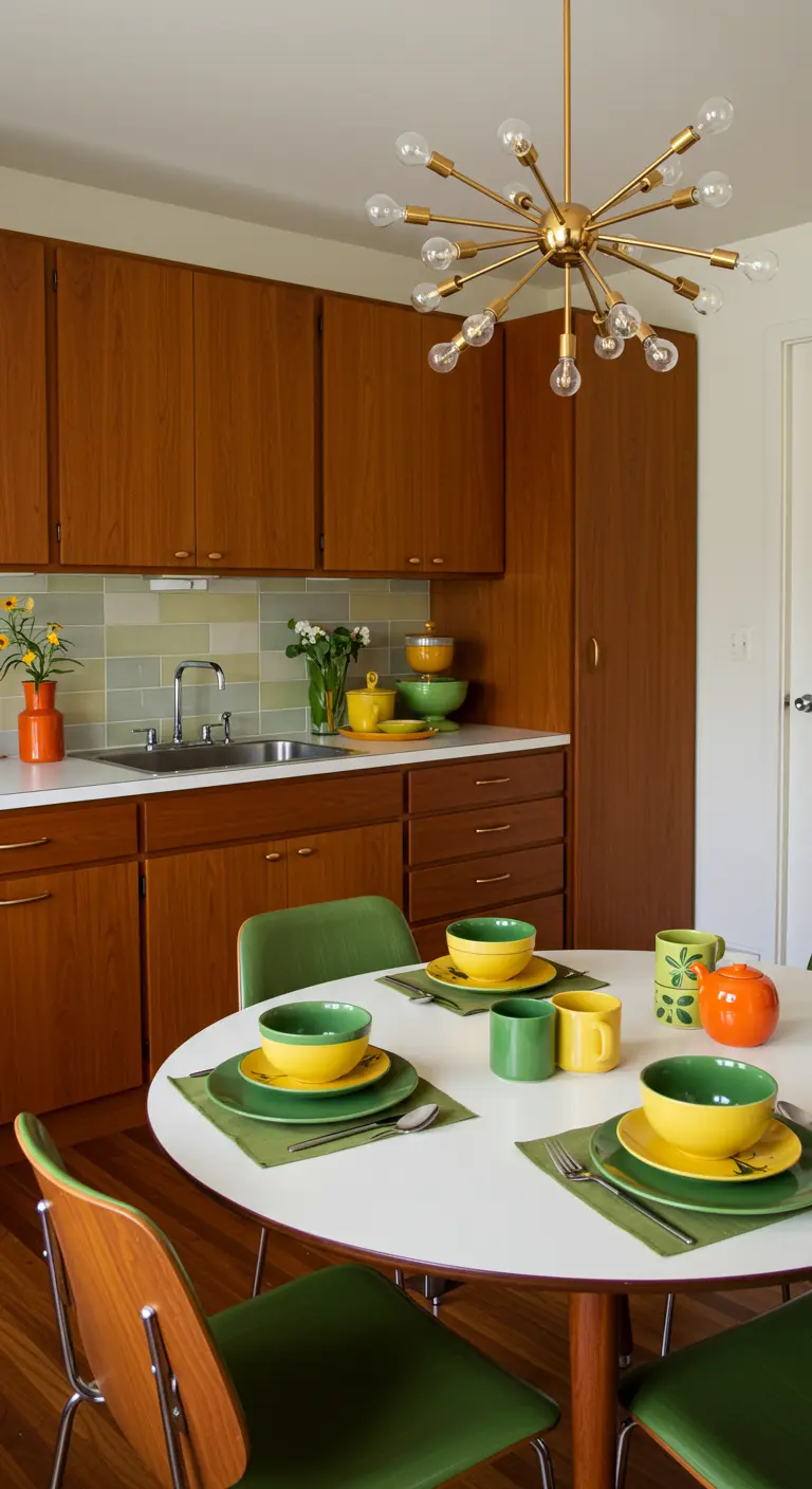 Mid-century modern keuken met houten kasten en kleurrijk retro servies.