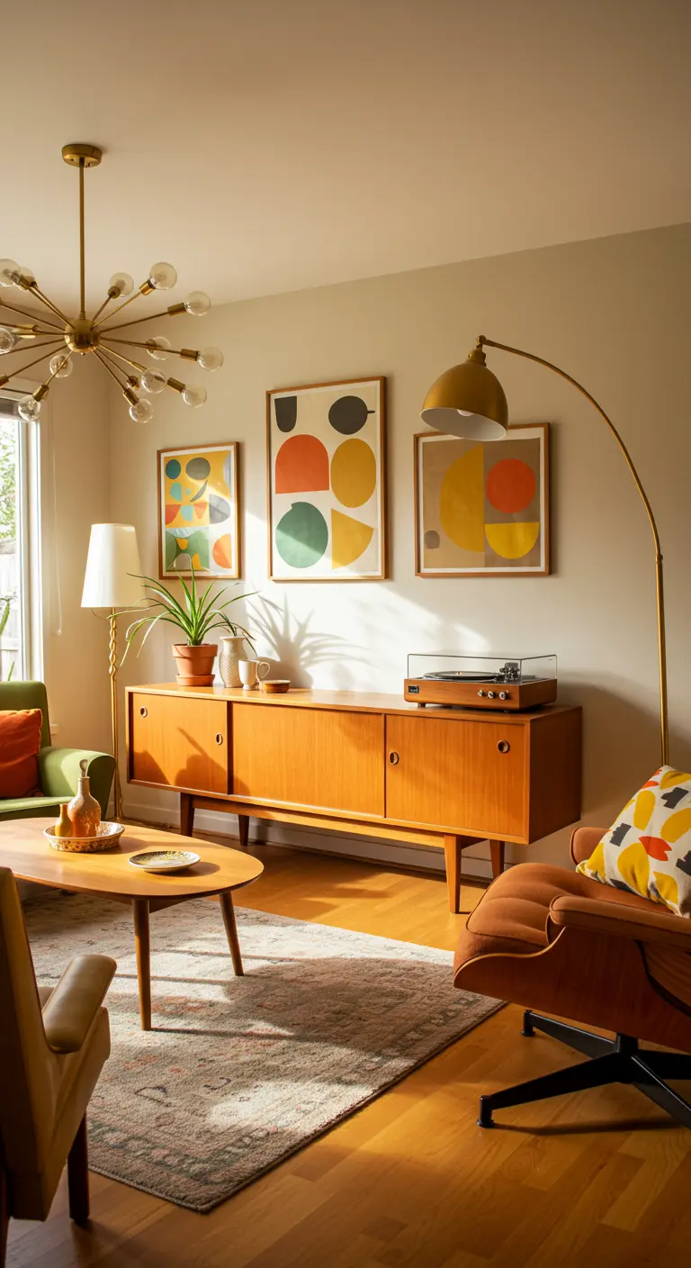 Woonkamer in Mid-Century stijl met een houten dressoir, geometrische kunst en designlamp.