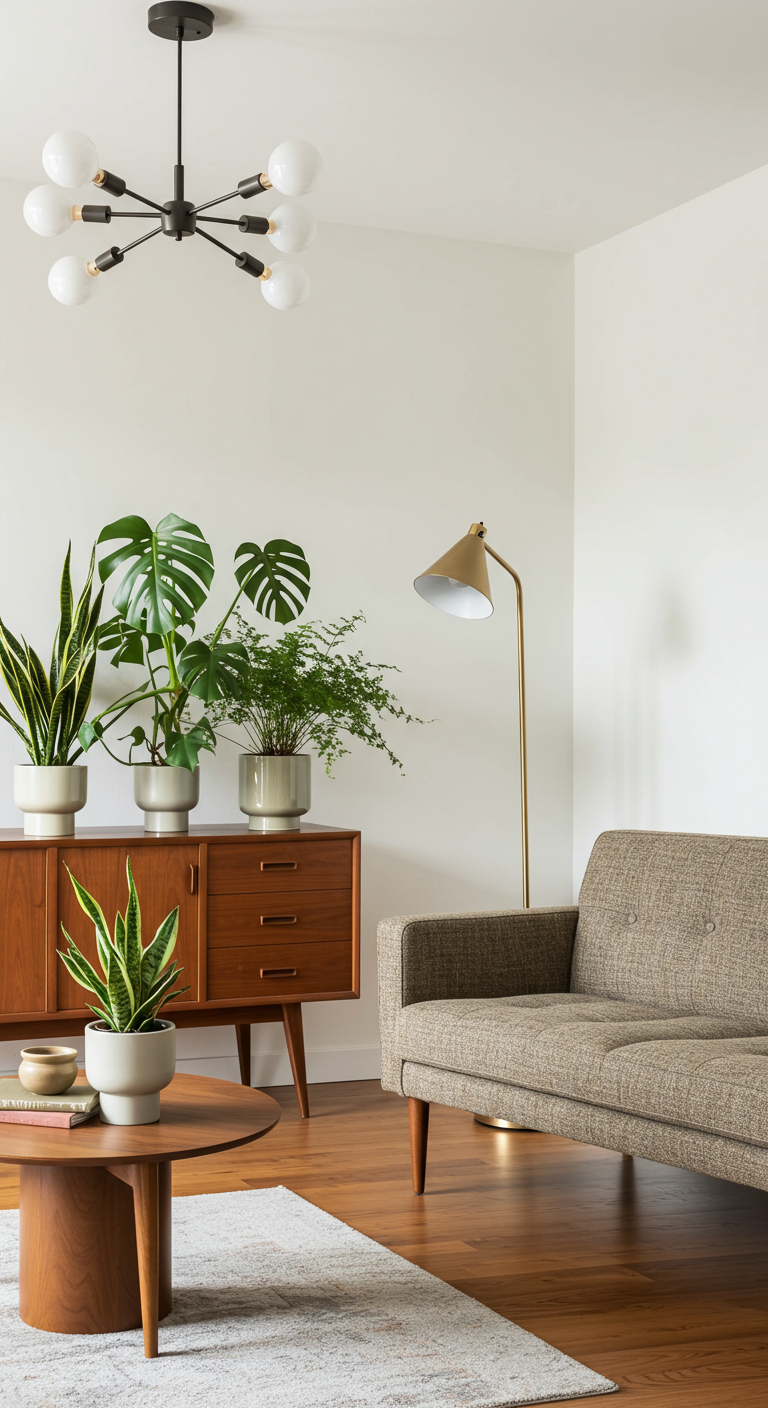 Mid-century modern woonkamer met houten dressoir, planten en messing lamp.