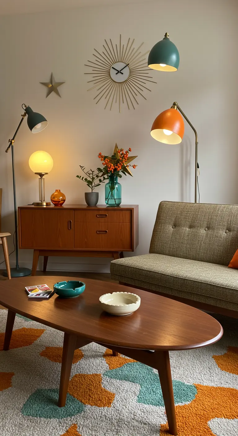Ovale houten mid-century salontafel met kleurrijke retro accessoires en een opvallend vloerkleed.