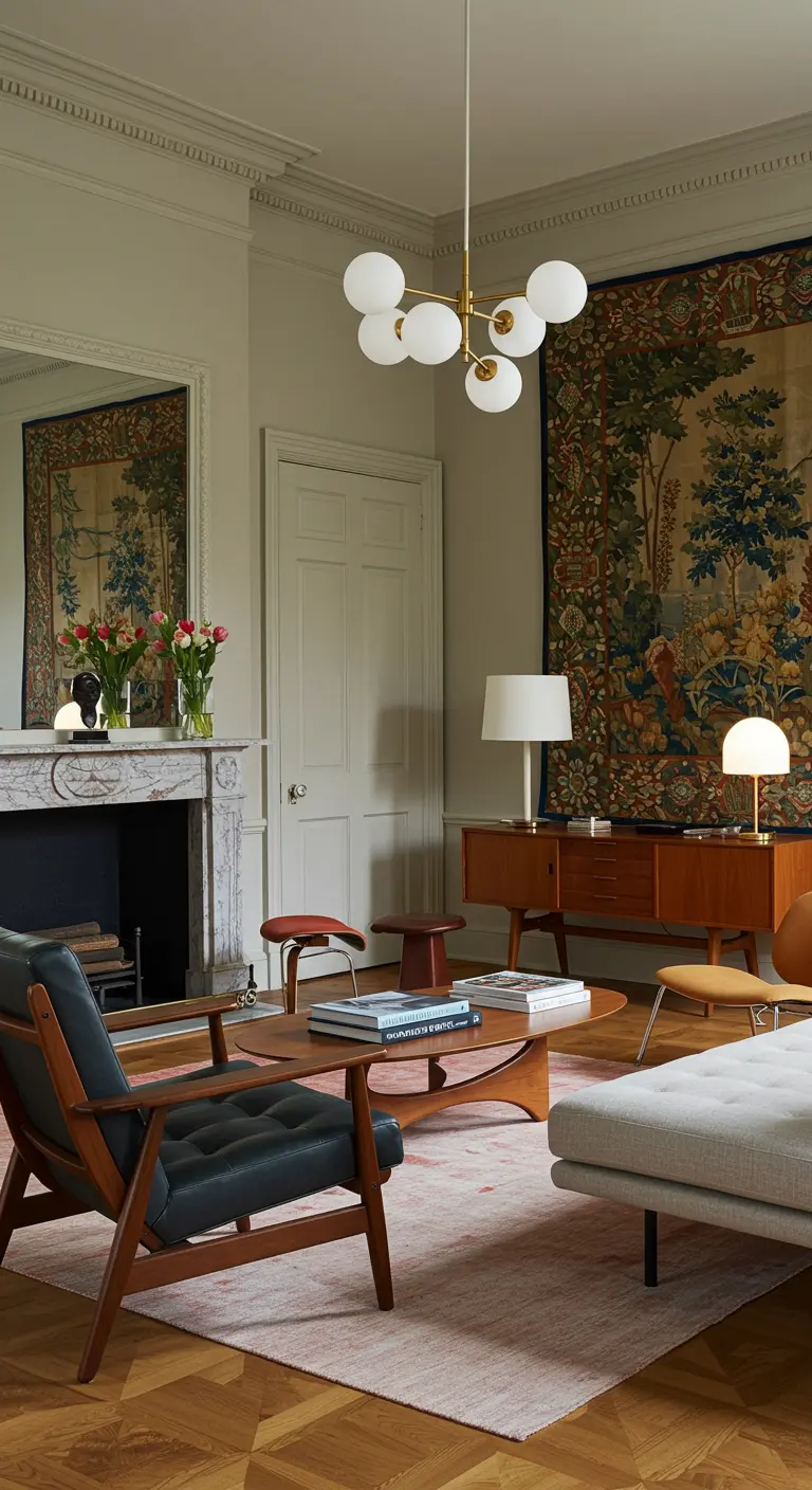 Mid-Century Modern woonkamer met designmeubels en een groot wandtapijt met landschap.