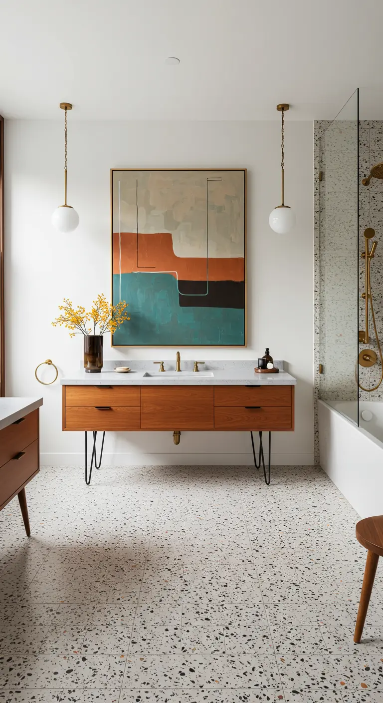 Mid-century modern badkamer met terrazzo vloer en een abstract geometrisch schilderij boven het houten meubel.
