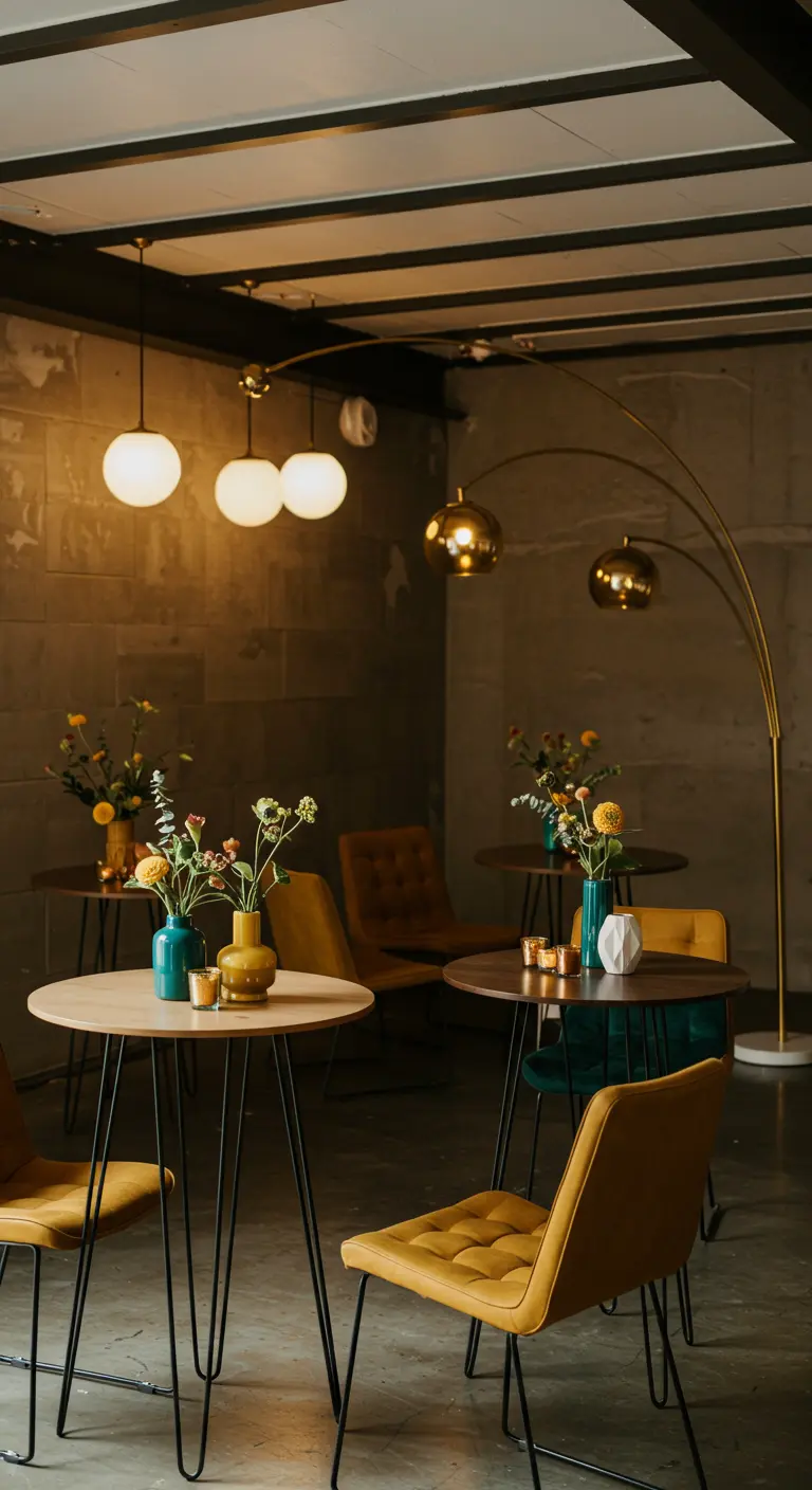 Retro bruiloftssetting met ronde tafels, designstoelen en goudkleurige lampen.