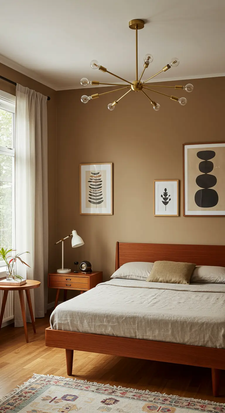 Mid-century moderne slaapkamer met beige muren, walnoothouten bed, Sputnik lamp en abstracte kunst.