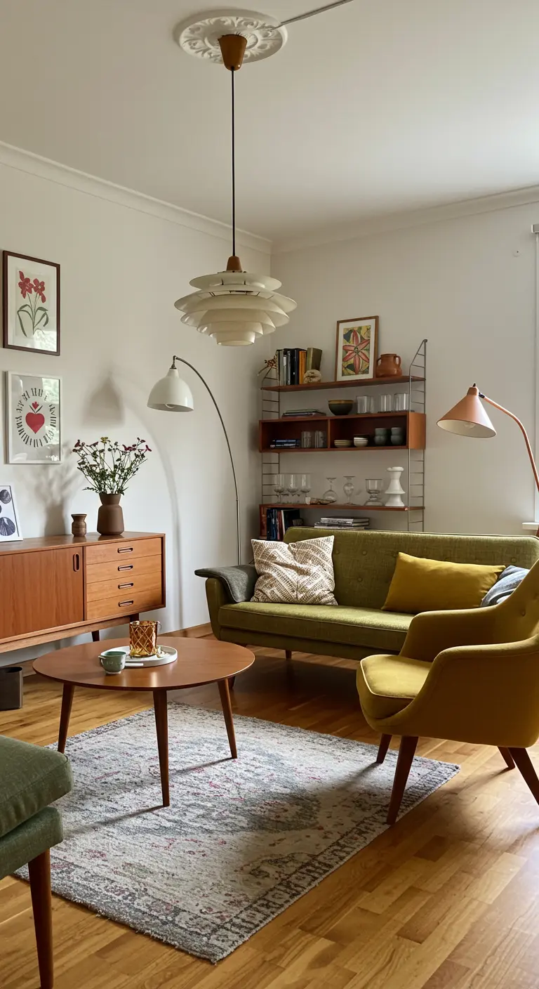 Scandinavische woonkamer met mid-century moderne invloeden, houten dressoir en olijfgroene bank.