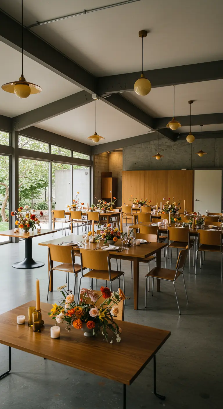 Moderne ruimte met amberkleurige hanglampen en oranje bloemen.