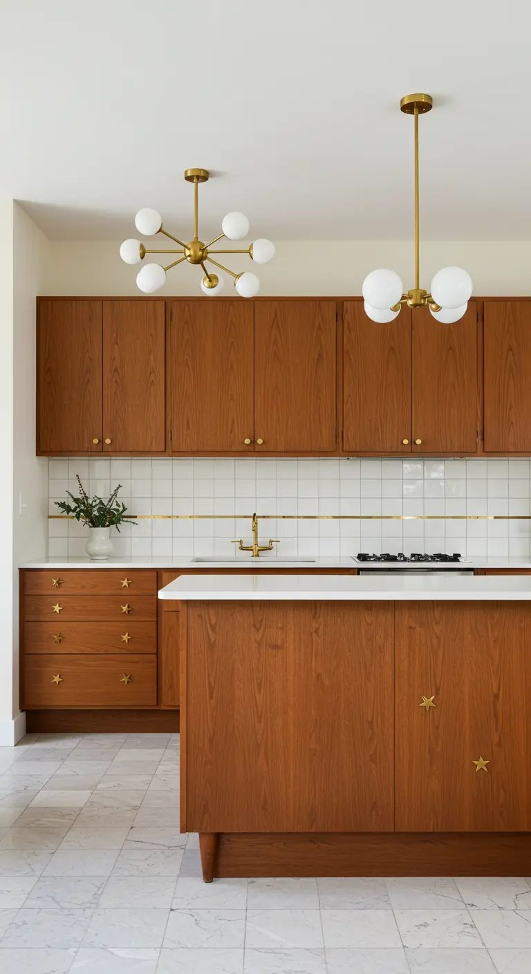 Houten keuken in Mid-Century Modern stijl met messing stervormige knoppen en moderne messing lampen.