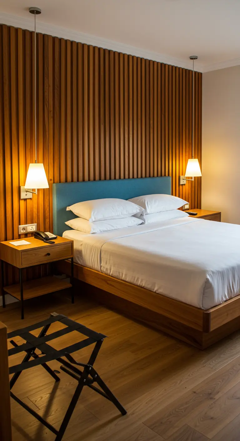 Slaapkamer in Mid-Century Modern stijl met warme houten lattenwand en blauw hoofdbord.