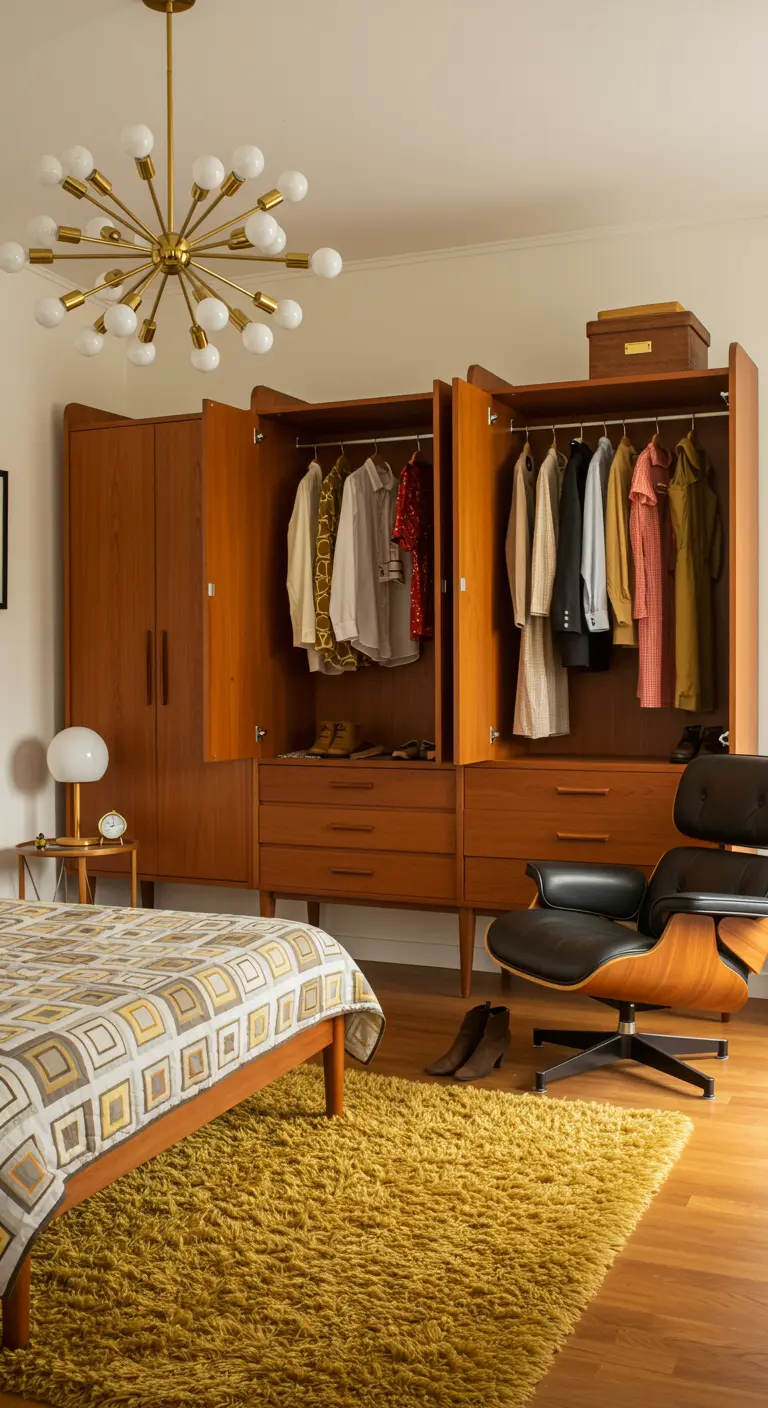 Mid-century modern slaapkamer met open houten kasten, retro lamp en designstoel.