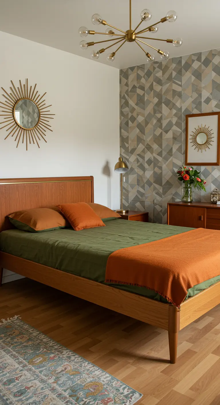Houten bedframe in Mid-Century Modern stijl met geometrisch behang en gouden accenten.