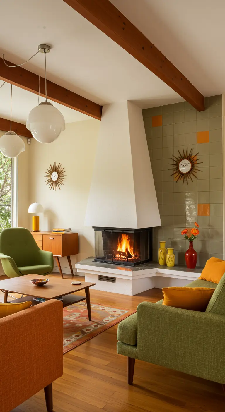 Mid-century modern woonkamer met witte hoekhaard en retro meubilair.