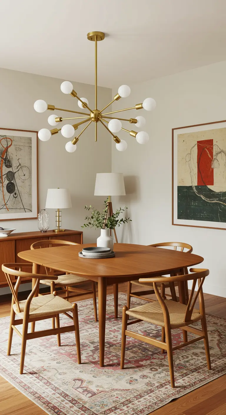 Goudkleurige Sputnik hanglamp boven een ronde houten eettafel in Mid-Century stijl.