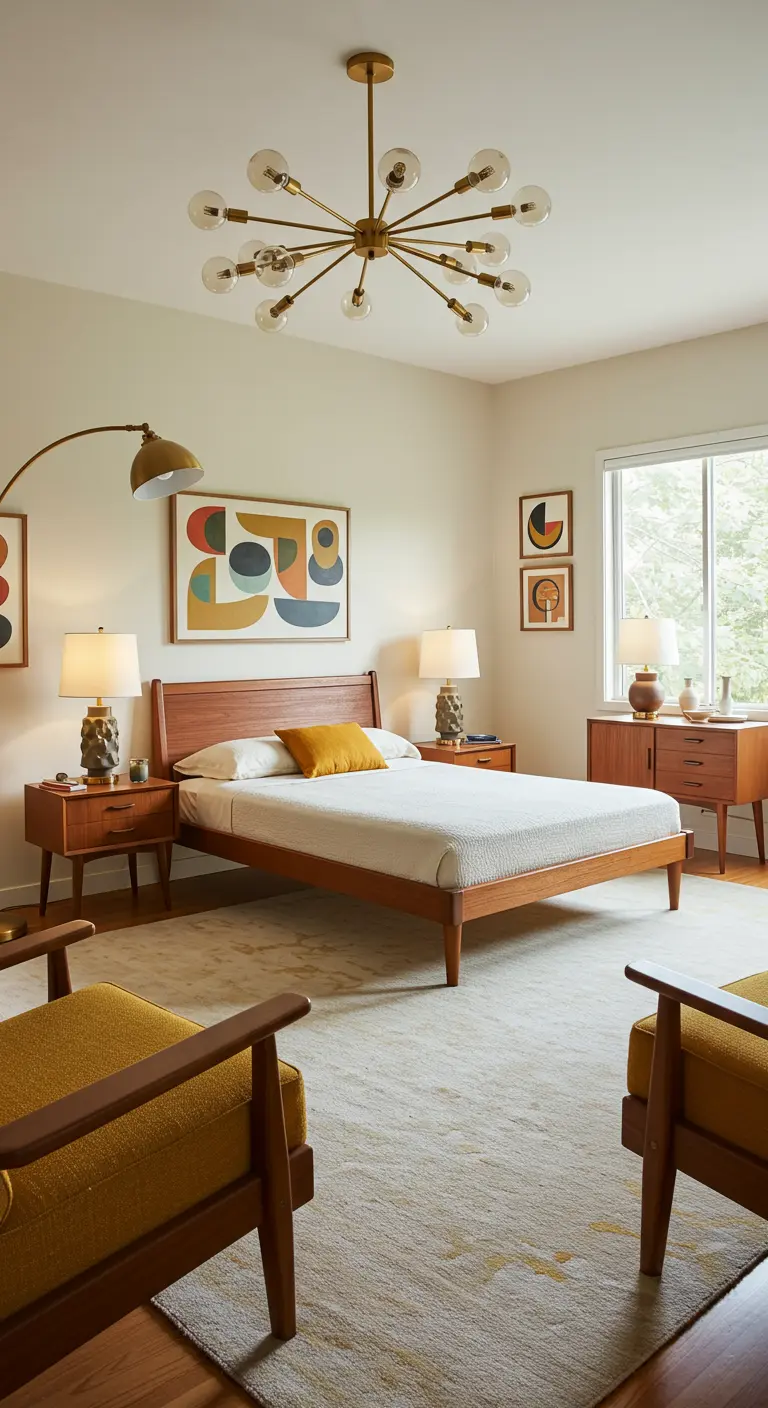 Mid-Century Modern slaapkamer met Sputnik hanglamp en vintage meubels.