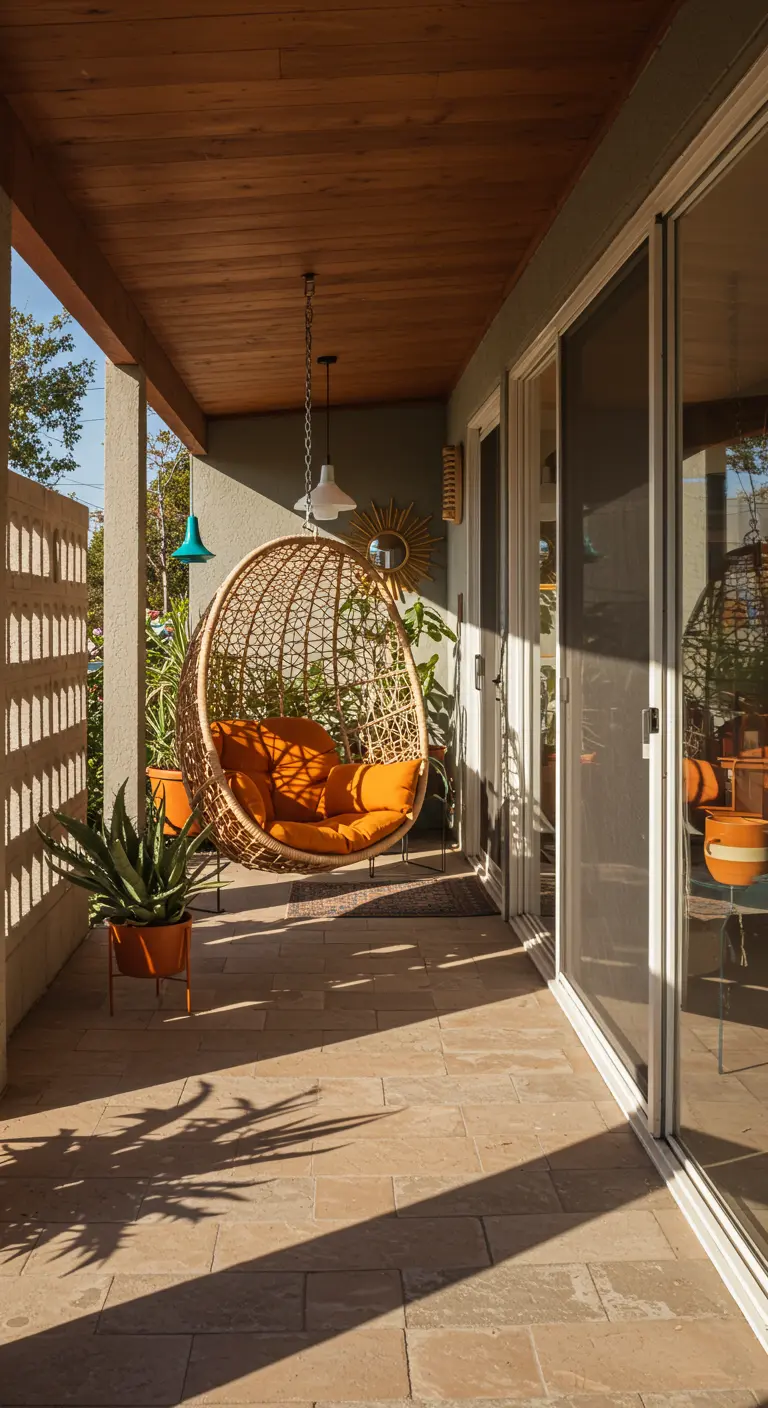Rotan eivormige hangstoel met oranje kussens op een overdekt terras.